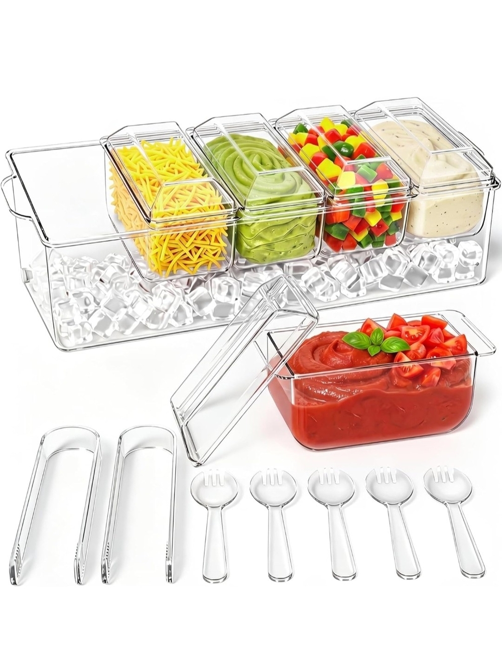 Cold Condiment Serving Tray with Removable Trays and Lids (5 Spoons & 2 Tongs)